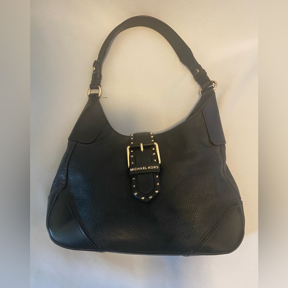 Michael Kors Black Soft Pebble Leather Shoulder Bag with Gold Studded Accents